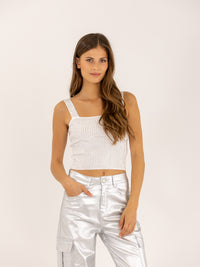 Crop top col carré orné cristaux fantaisie