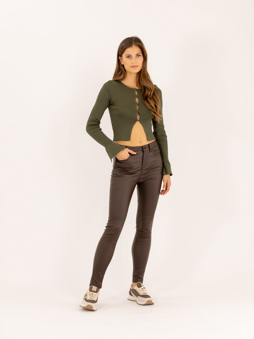 Pantalon skinny marron taille haute à bouton effet cuir