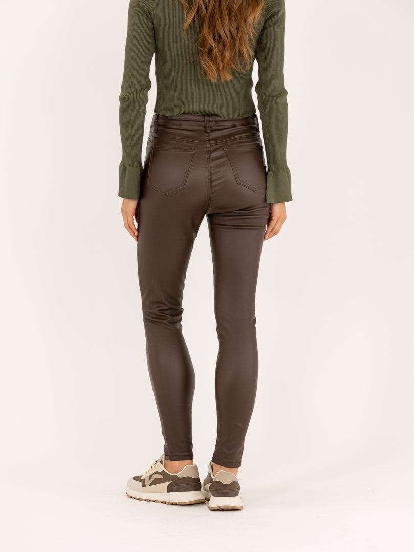 Pantalon skinny marron taille haute à bouton effet cuir