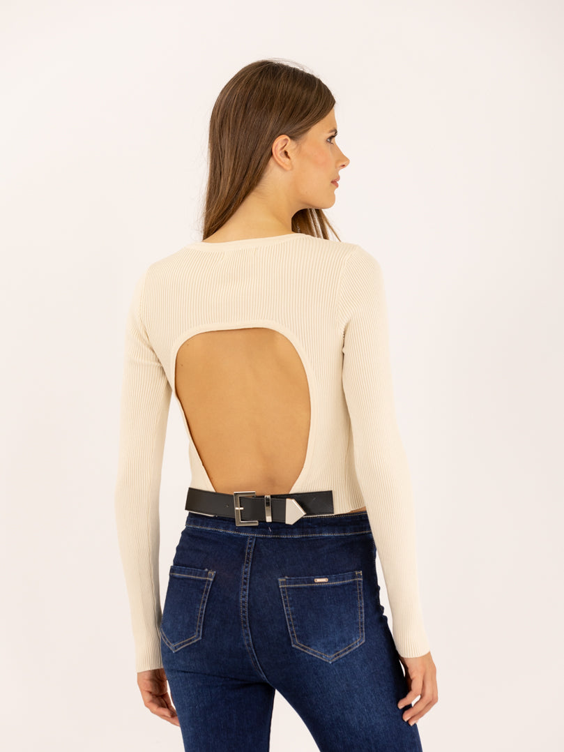 Pull dos-nu à ceinture en simili