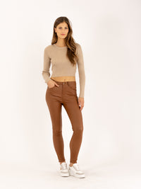 Pantalon skinny camel taille haute à bouton effet cuir