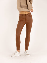 Pantalon skinny camel taille haute à bouton effet cuir