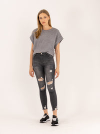 Jean skinny gris destroy ourlet effiloché