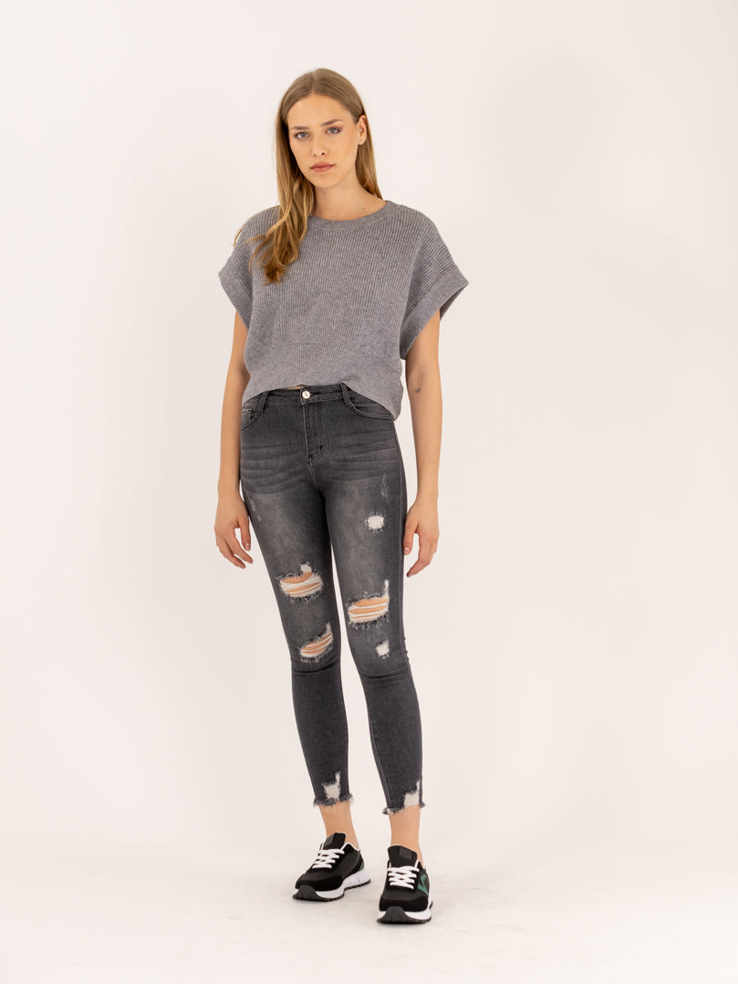 Jean skinny gris destroy ourlet effiloché