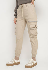 Pantalon cargo beige avec taille élastique multipoches - Naumy