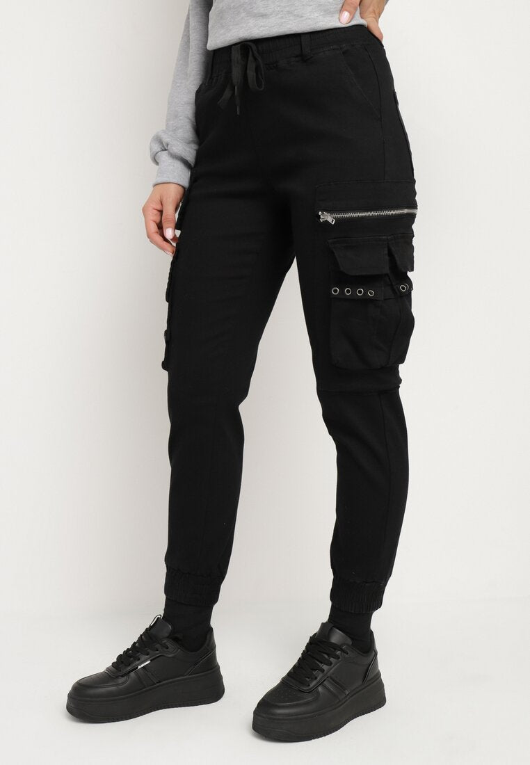 Pantalon cargo noir avec taille élastique multipoches - Naumy