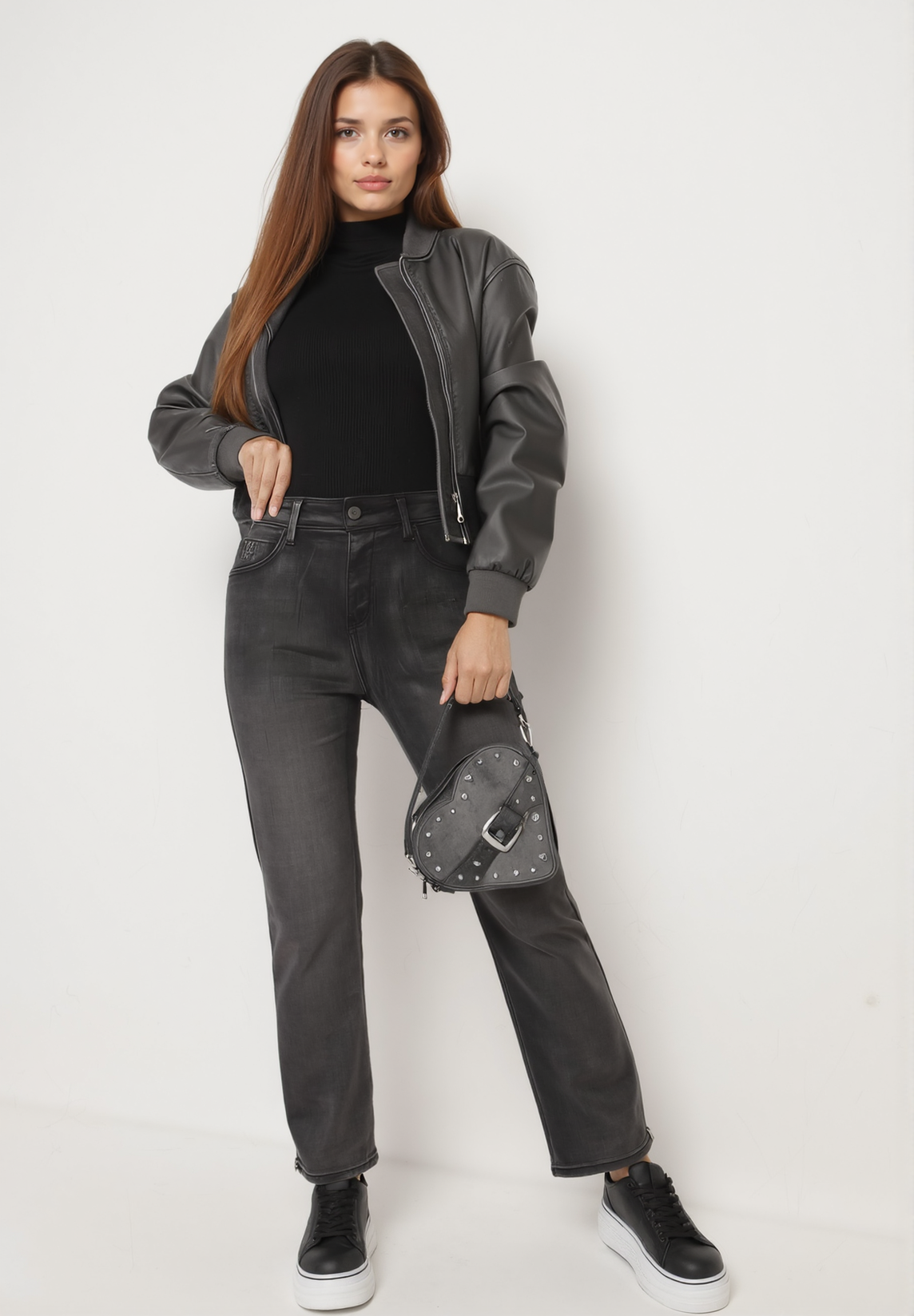 Jean droit taille haute gris anthracite - Naumy