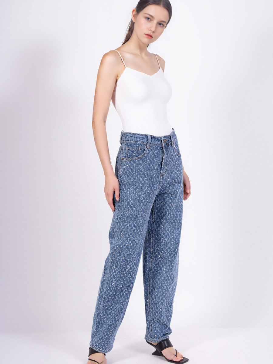 Jean Large Taille Haute avec Strass Style Rétro - NAUMY