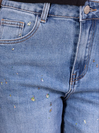 Jean Large Bleu ciel profond à Paillettes – Élégance Lumineuse & Confort Absolu NAUMY