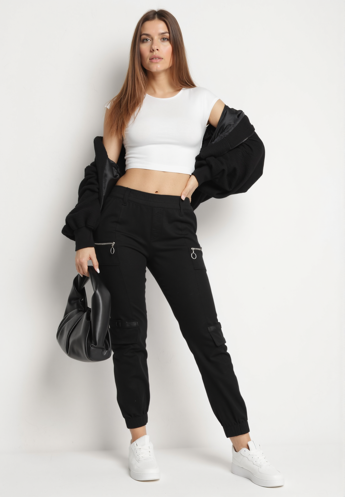 Pantalon de cargo noir en coton avec taille élastique - Naumy