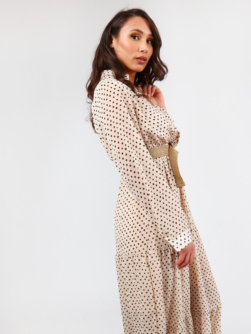 Robe longue pois et d tail ceinture beige