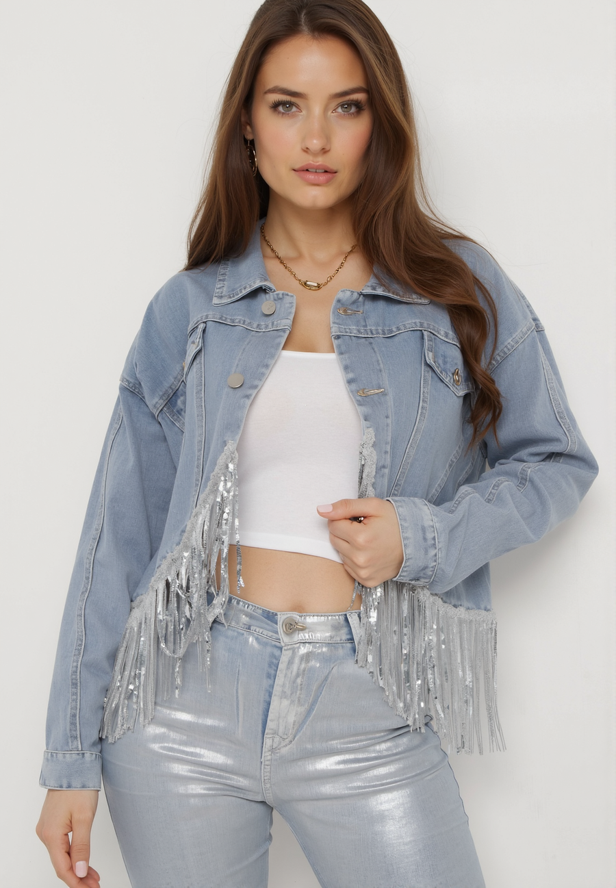 Veste en jean bleu avec franges décoratives et paillettes - Naumy