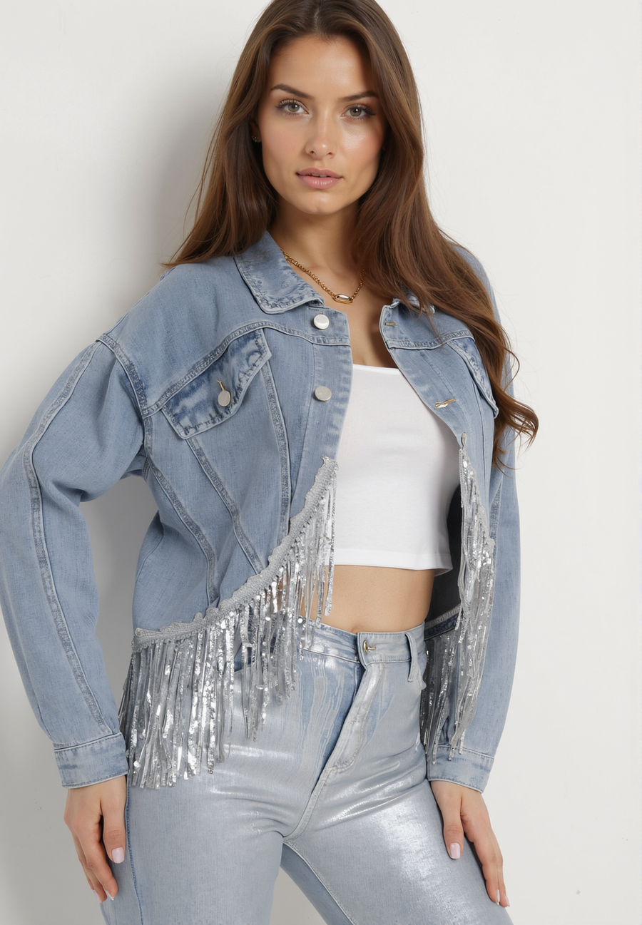 Veste en jean bleu avec franges décoratives et paillettes - Naumy
