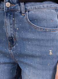 Jean Large Orné de Strass et Ourlet Effiloché - NAUMY